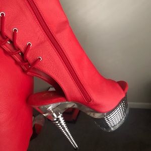 “PLEASER” Red Leather Knee High Heels